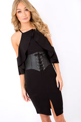 Black Lace Up Corset Belt Dress - Shlya-Dresses