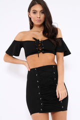 Black Lace Up Crop Top And Skirt Co-ord - Pixie-Co-ords