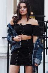 Black Lace Up Crop Top And Skirt Co-ord - Pixie-Co-ords