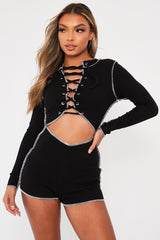 Black Lace Up Cut Out Contrast Stitch Ribbed Playsuit - Drina-Playsuits