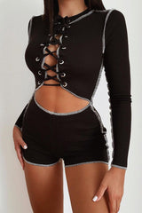 Black Lace Up Cut Out Contrast Stitch Ribbed Playsuit - Drina-Playsuits