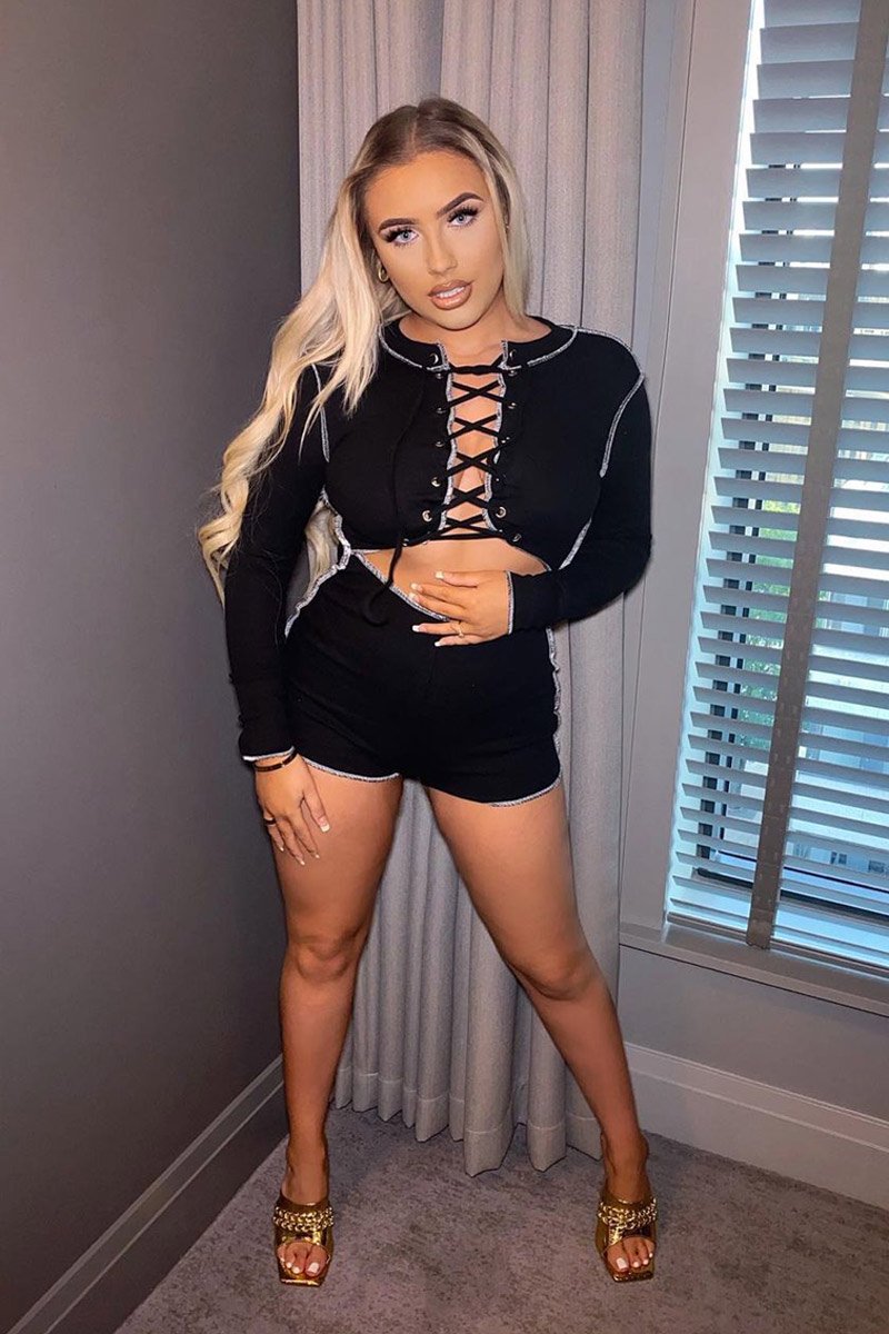 Black Lace Up Cut Out Contrast Stitch Ribbed Playsuit - Drina-Playsuits