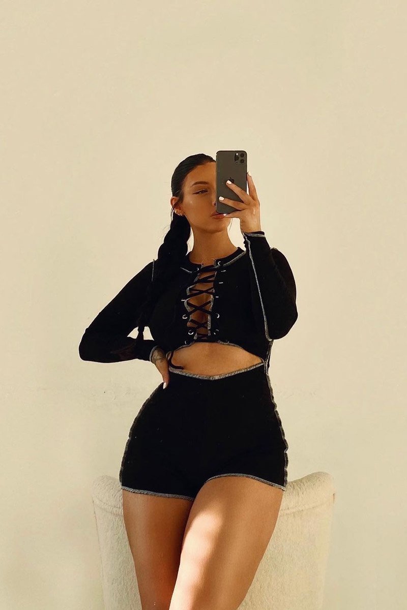 Black Lace Up Cut Out Contrast Stitch Ribbed Playsuit - Drina-Playsuits