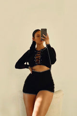 Black Lace Up Cut Out Contrast Stitch Ribbed Playsuit - Drina-Playsuits