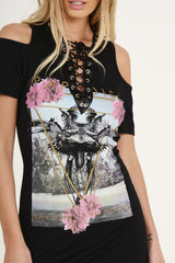 Black Lace Up Cut Shoulder Slogan T-shirt Dress - Afi-T-shirt