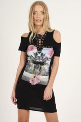 Black Lace Up Cut Shoulder Slogan T-shirt Dress - Afi-T-shirt