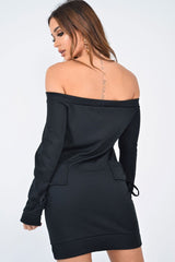 Black Lace Up Detail Bardot Jumper Dress - Aarna-Dresses