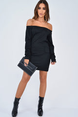 Black Lace Up Detail Bardot Jumper Dress - Aarna-Dresses