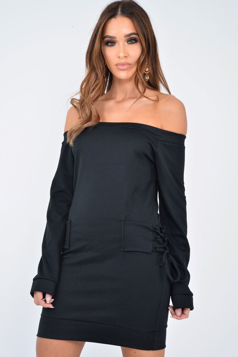 Black Lace Up Detail Bardot Jumper Dress - Aarna-Dresses
