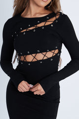 Black Lace Up Detail Mini Dress - Tari-Dresses