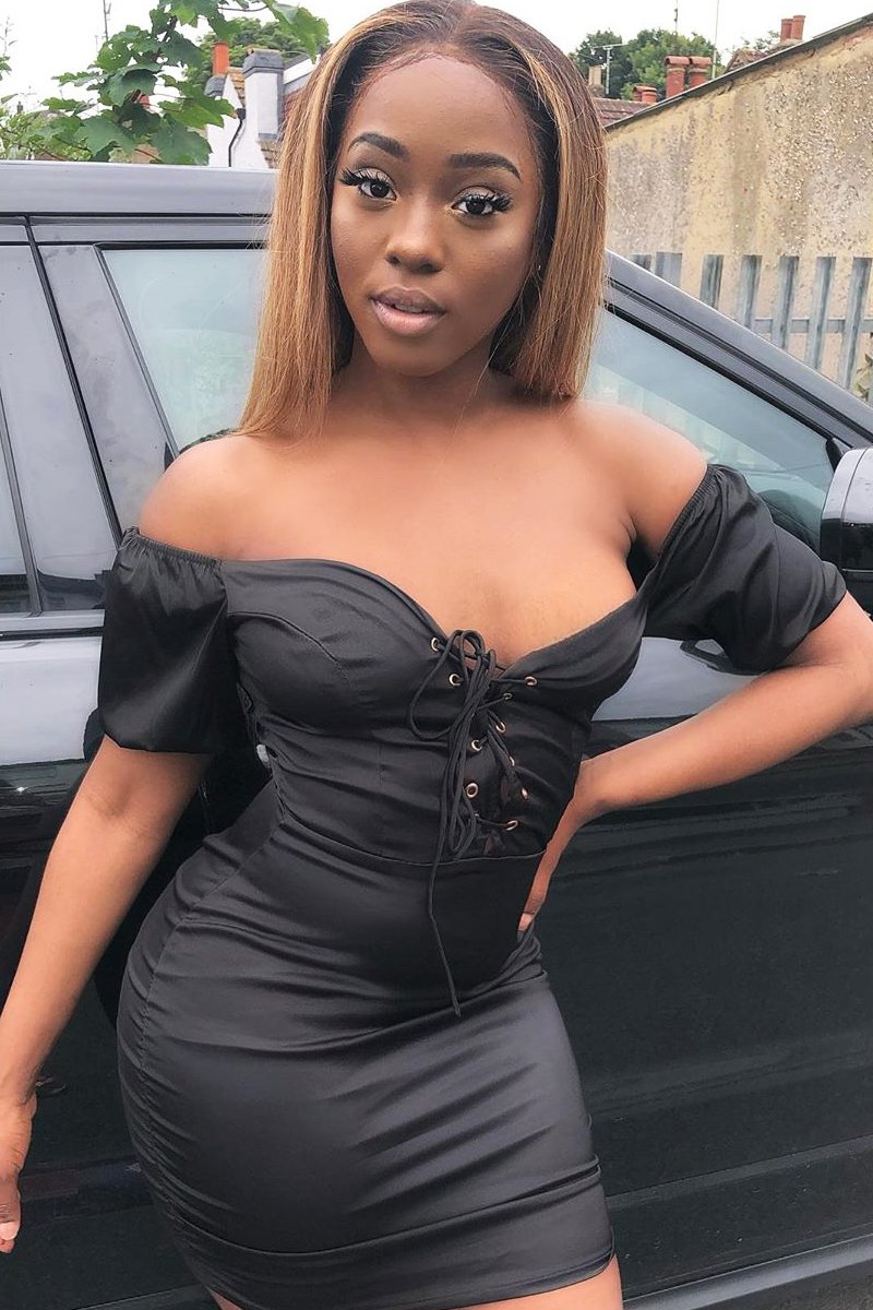 Black Lace Up Detail Satin Mini Dress - Tinslee-Dresses