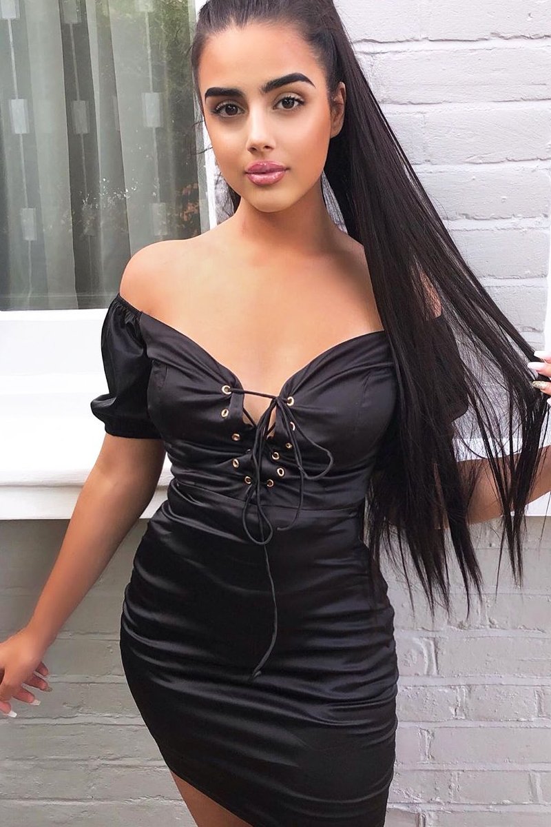 Black Lace Up Detail Satin Mini Dress - Tinslee-Dresses