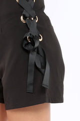 Black Lace Up Eyelet High Waist Shorts - Lola-Shorts