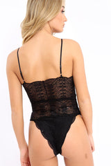 Black Lace Up Eyelet Plunge Bodysuit - Esme-Bodysuits