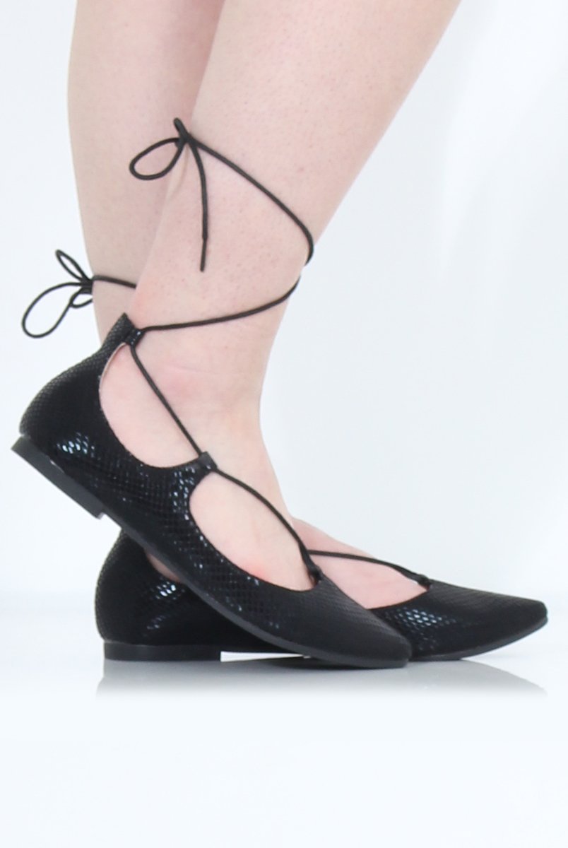Black Lace Up Flats - Nina-Shoes