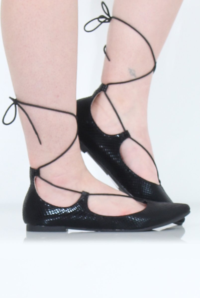Black Lace Up Flats - Nina-Shoes