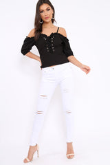 Black Lace Up Front Cold Shoulder Top - Merci-Tops
