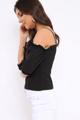 Black Lace Up Front Cold Shoulder Top - Merci-Tops