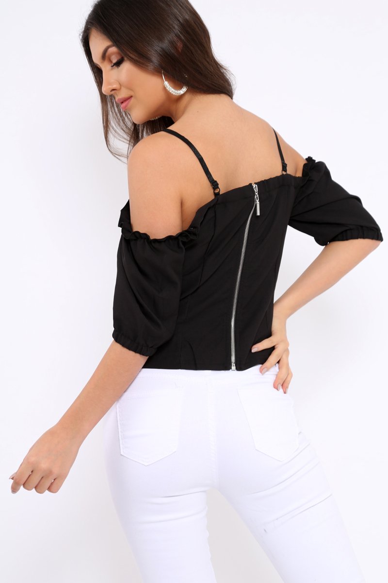 Black Lace Up Front Cold Shoulder Top - Merci-Tops