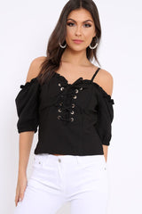 Black Lace Up Front Cold Shoulder Top - Merci-Tops