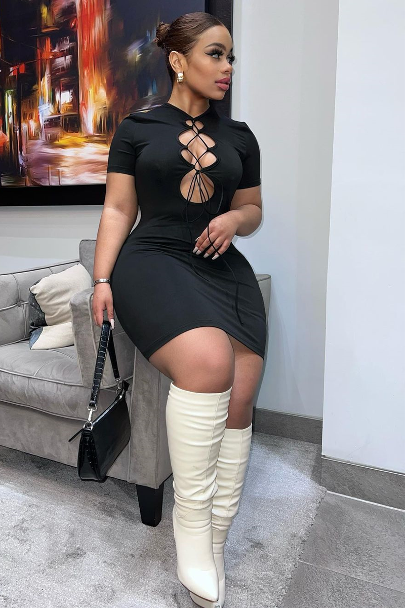 black lace up front mini dress Long Sleeve Lace Up Front Frilled Mini Dress In Black | EGO US
