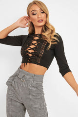 Black Lace Up Front Detail Tie Top - Eshani-Tops
