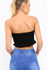 Black Lace Up Front Frill Bandeau Crop Top - Cyndi-Crop Tops