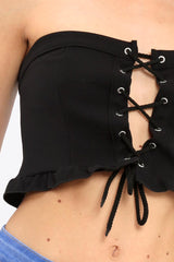 Black Lace Up Front Frill Bandeau Crop Top - Cyndi-Crop Tops