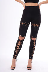 Black Lace Up Front Leggings - Hattie-Leggings