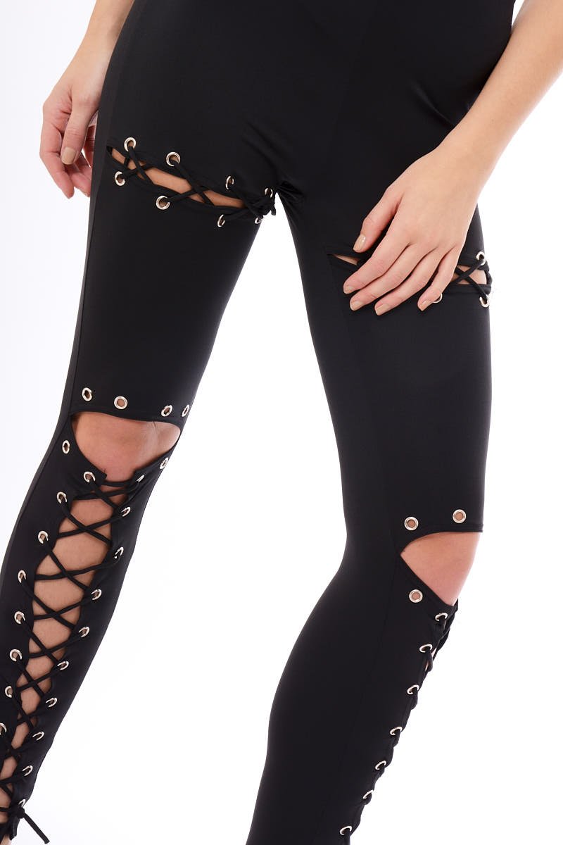 Black Lace Up Front Leggings - Hattie-Leggings