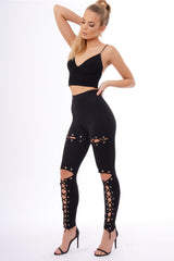 Black Lace Up Front Leggings - Hattie-Leggings