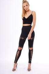 Black Lace Up Front Leggings - Hattie-Leggings