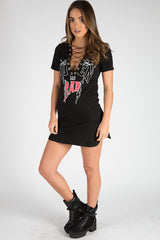 Black Lace Up Front Rad Graphic T-Shirt Dress - Sammi-Dresses