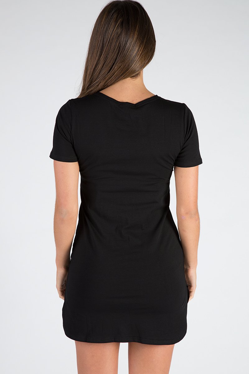 Black Lace Up Front Rad Graphic T-Shirt Dress - Sammi-Dresses