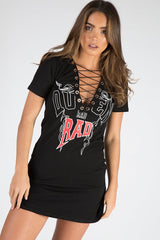 Black Lace Up Front Rad Graphic T-Shirt Dress - Sammi-Dresses