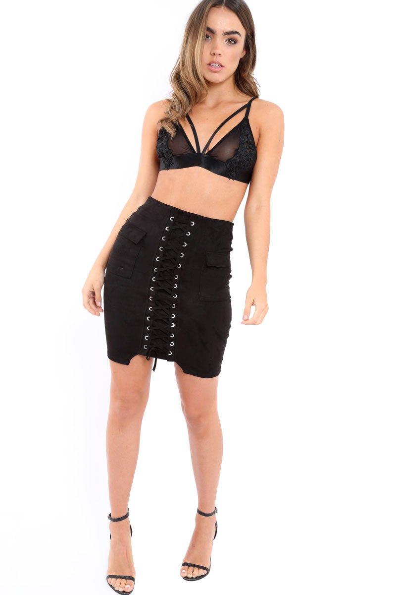 Black Lace Up Front Suede Midi Skirt - Cacia-Skirts
