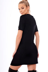 Black Lace Up Front T-Shirt Dress - Janel-Dresses