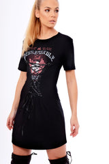 Black Lace Up Front T-Shirt Dress - Janel-Dresses