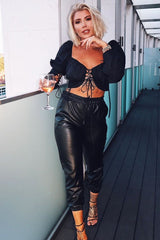 Black Lace Up Front and Sleeves Milkmaid Crop Top - Zyria-Crop Tops