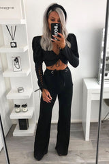 Black Lace Up Front and Sleeves Milkmaid Crop Top - Zyria-Crop Tops