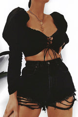 Black Lace Up Front and Sleeves Milkmaid Crop Top - Zyria-Crop Tops