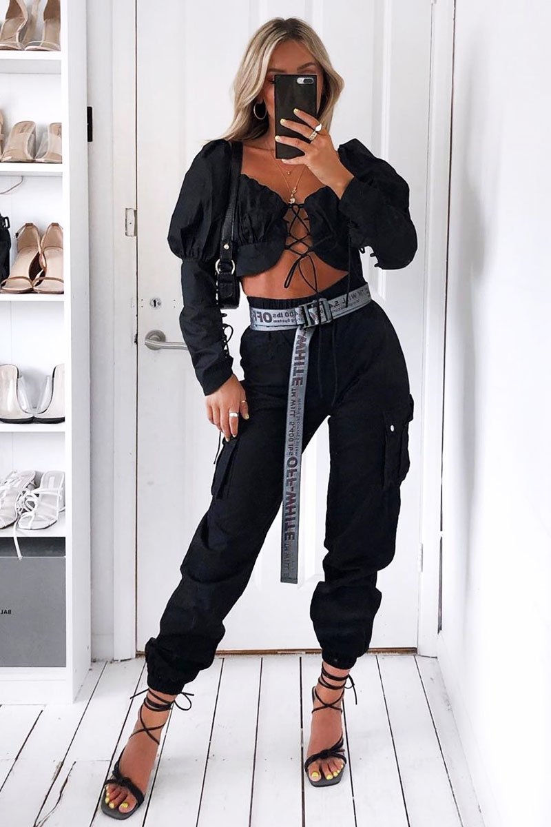 Black Lace Up Front and Sleeves Milkmaid Crop Top - Zyria-Crop Tops