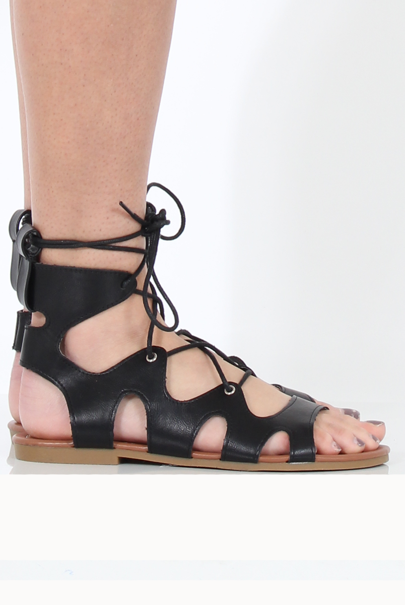 Black Lace Up Gladiator Sandals - Adina-Sandals
