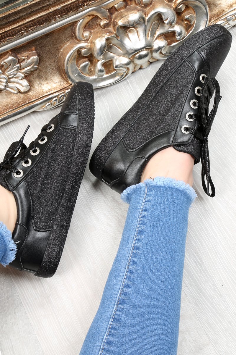 Black Lace Up Glitter Trainers - Siarra-Trainers