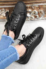 Black Lace Up Glitter Trainers - Siarra-Trainers