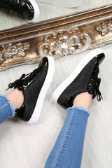 Black Lace Up Glittery Shiny Trainers - Jessie-Trainers