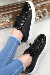 Black Lace Up Glittery Shiny Trainers - Jessie-Trainers