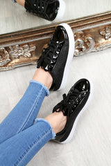 Black Lace Up Glittery Shiny Trainers - Jessie-Trainers