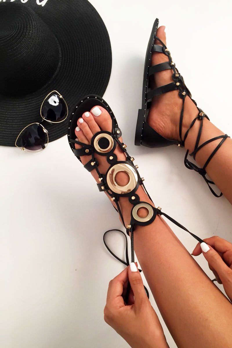 Black Lace Up Gold Ring Gladiator Sandals - Belva-Sandals