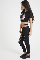 Black Lace Up Graphic Print Crop Top - Martha-Crop Tops